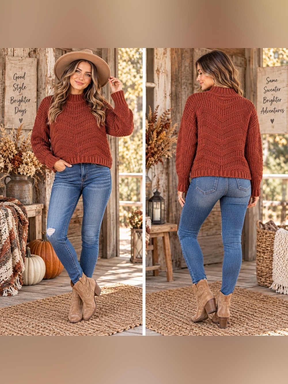 moon & madison Rust Cowl Neck Chunky Knit Sweater